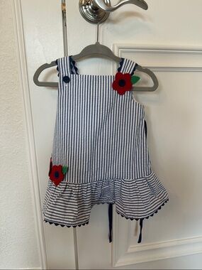 Florence Eiseman Navy and White Stripe Sundress with Red Flower Appliqués